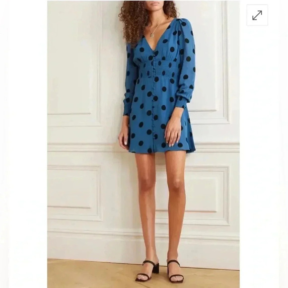 REFORMATION Womens 0 Alani Shirred Polka-Dot Georgette Mini Dress Blue - Picture 14 of 14
